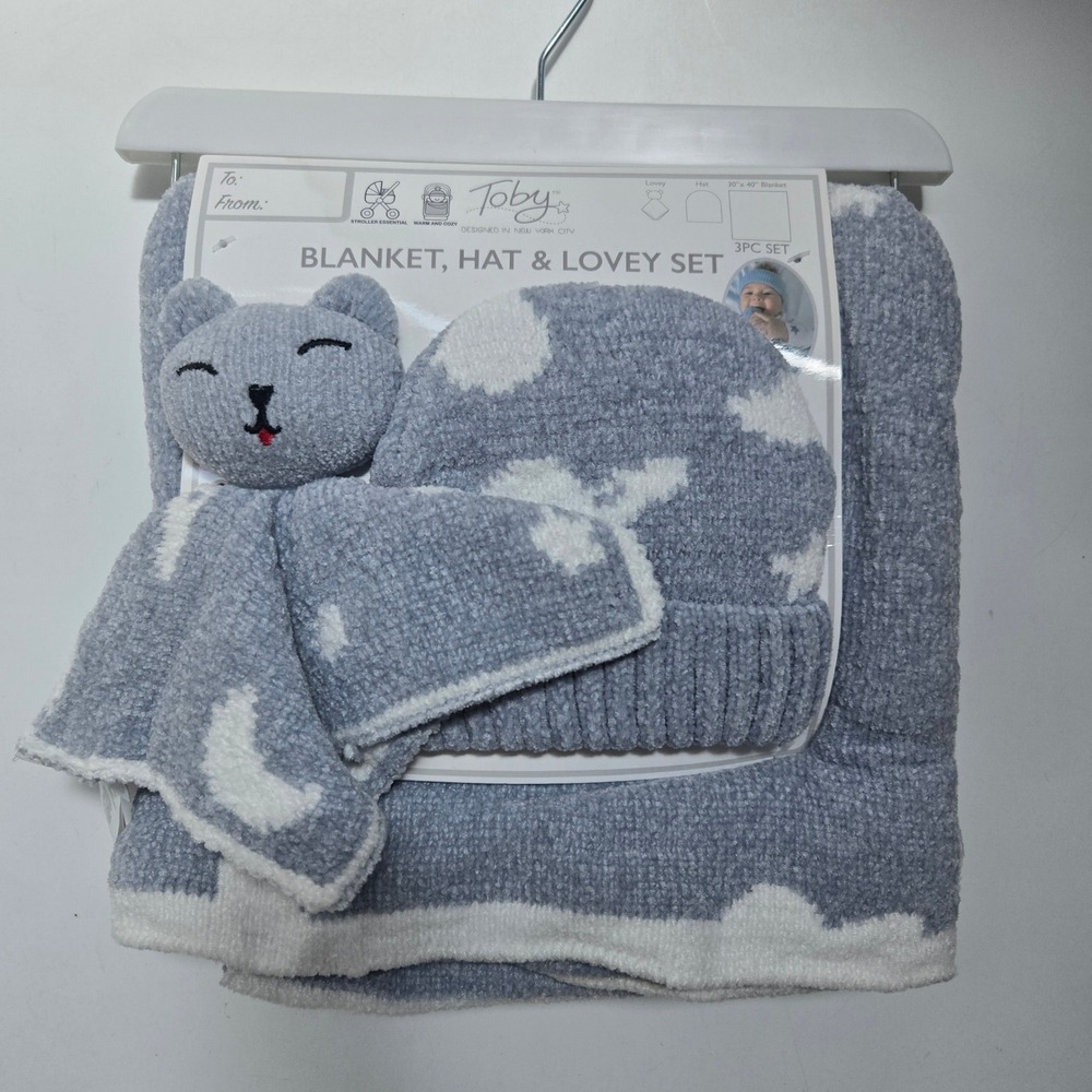Toby Blanket Hat & Lovey Set Newborn‎ Icy Blue 3PC Stroller Set Clouds Bear Gift